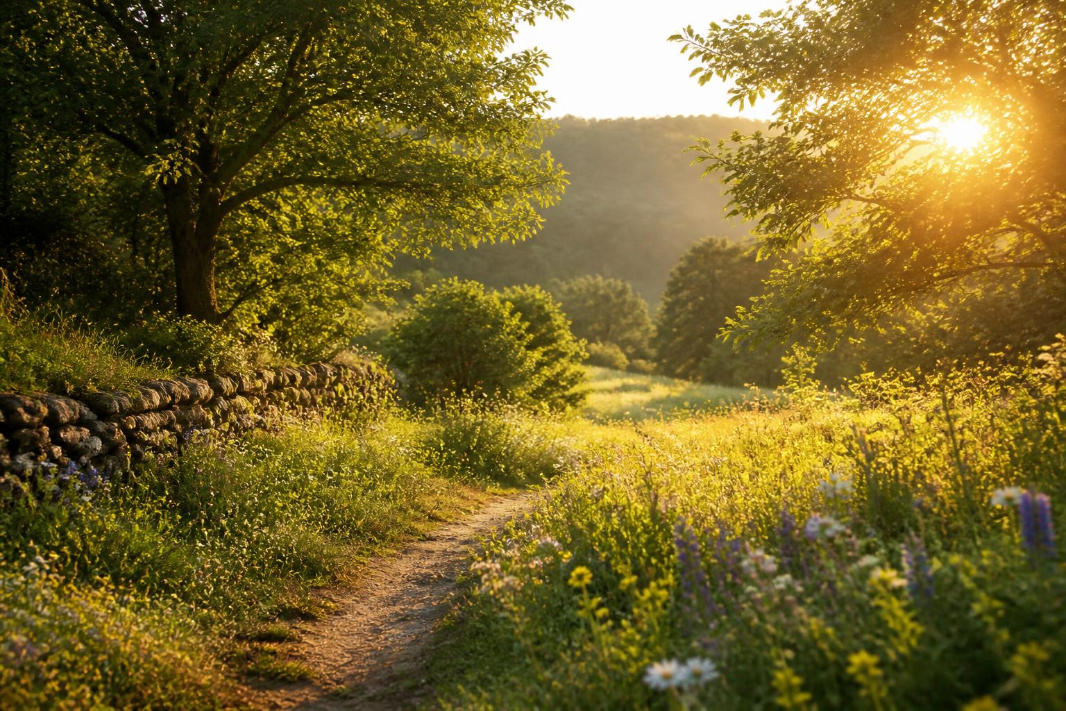 A serene sunlit path through a lush green meadow and wildflowers