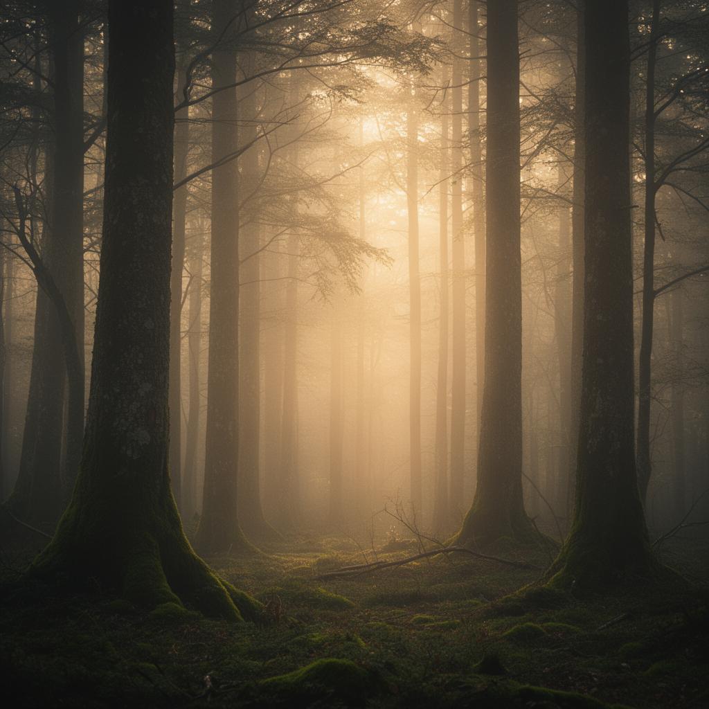 Mistig oerbos bij zonsopkomst met zacht gouden licht tussen de bomen